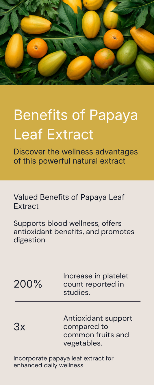 Benefits of papaya leaf extract infographic — what it is, benefits, key compounds, how to take it, and safety