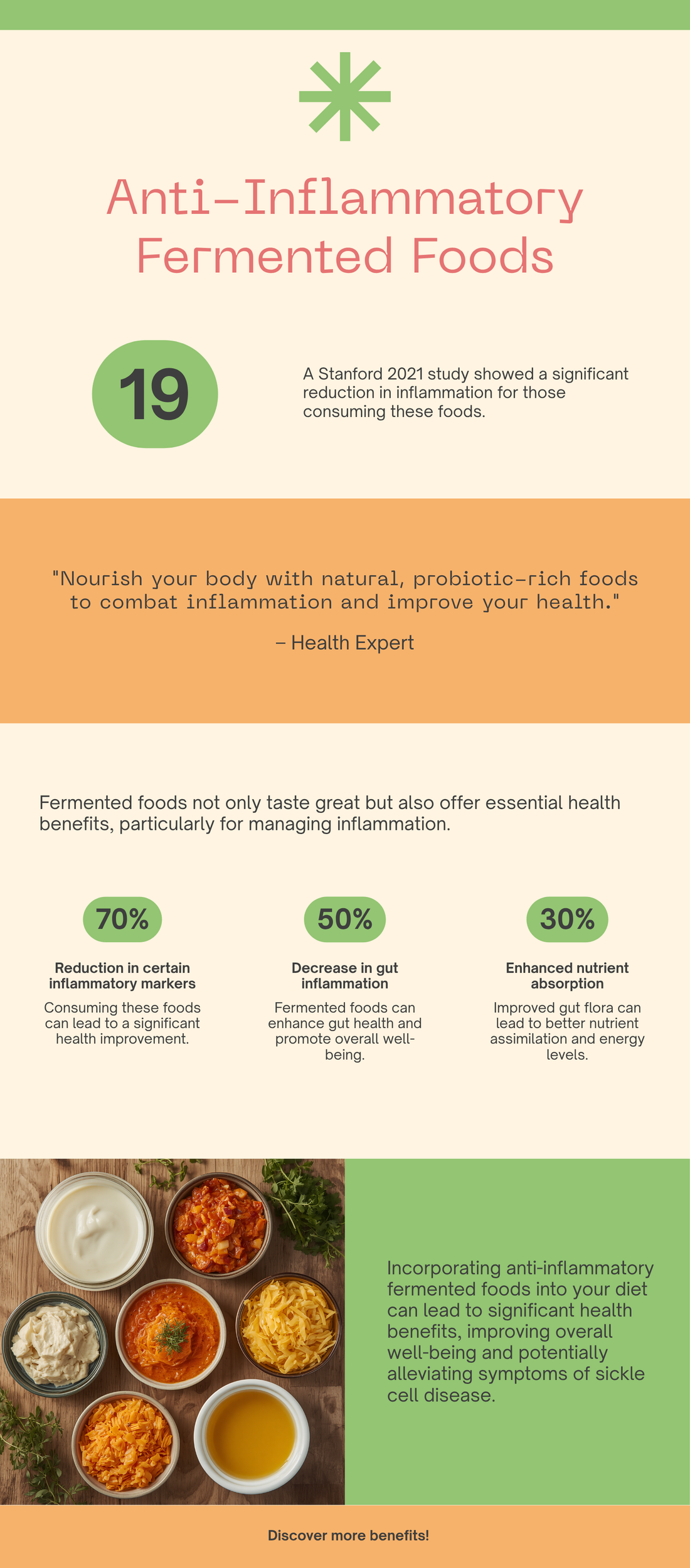 Anti-inflammatory fermented foods for sickle cell disease — kefir kimchi yogurt miso sauerkraut tempeh kombucha infographic