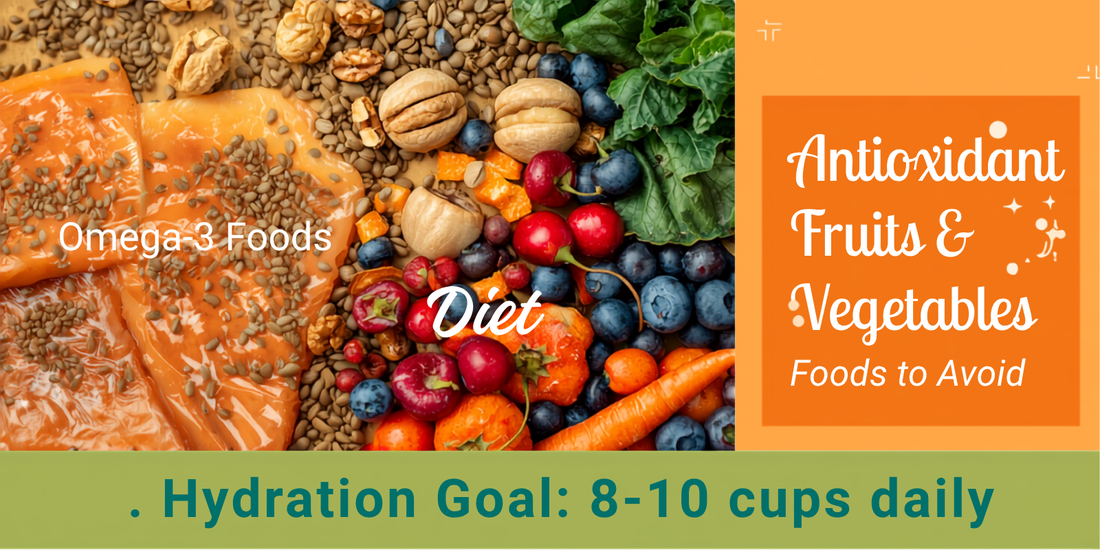 Anti-inflammatory diet for sickle cell disease — omega-3 foods, antioxidants, hydration and foods to avoid infographic