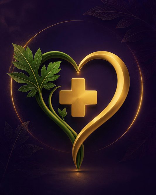 Midnight purple, forest green, and warm gold illustration of a papaya leaf and heart motif, HalfMoon Labs brand colors, representing natural wellness support alongside medical care for sickle cell disease
